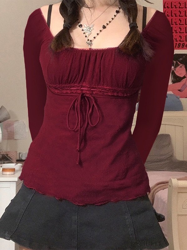 BURGUNDY LONG-SLEEVED PEASANT TOP IN VINTAGE COTTON BLEND