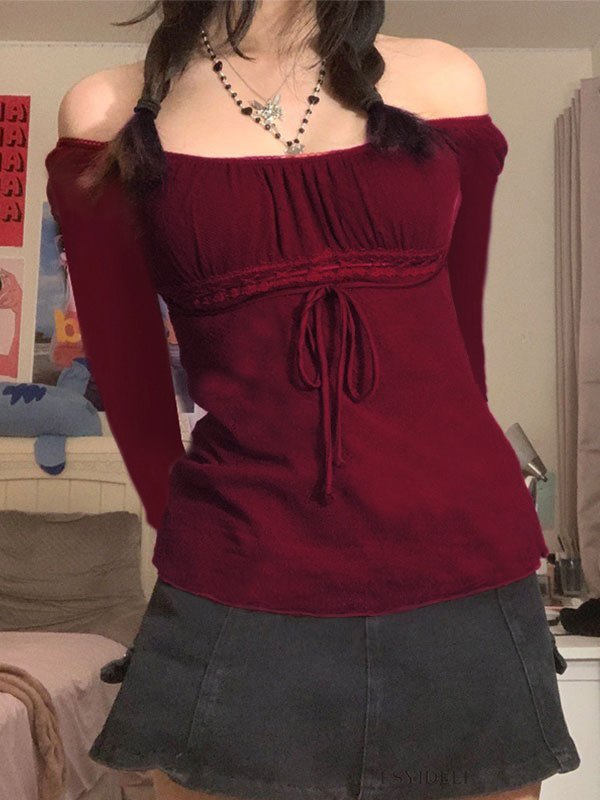 BURGUNDY LONG-SLEEVED PEASANT TOP IN VINTAGE COTTON BLEND