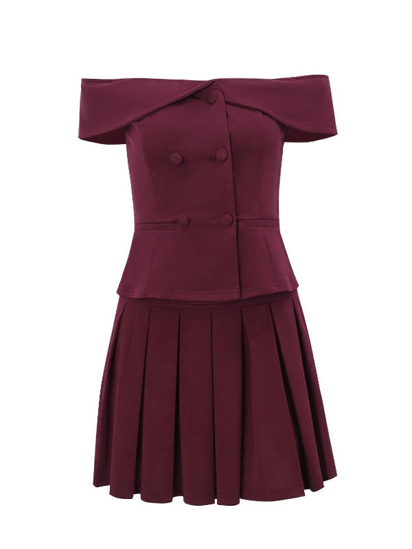 BURGUNDY OFF-THE-SHOULDER BLAZER DRESS CHIC OFF-SHOULDER DOUBLE BREASTED
