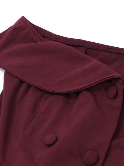 BURGUNDY OFF-THE-SHOULDER BLAZER DRESS WITH CASUAL VINTAGE STYLE