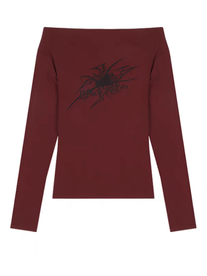 BURGUNDY OFF-THE-SHOULDER LONG-SLEEVE TOP WITH UNIQUE GRAPHIC PRINT