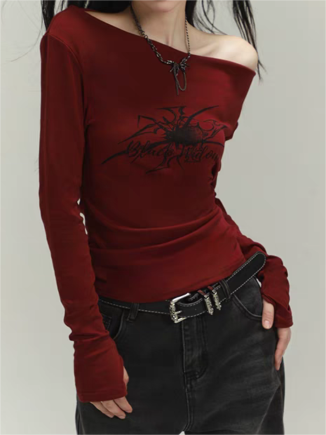 BURGUNDY OFF-THE-SHOULDER LONG-SLEEVE TOP WITH UNIQUE GRAPHIC PRINT