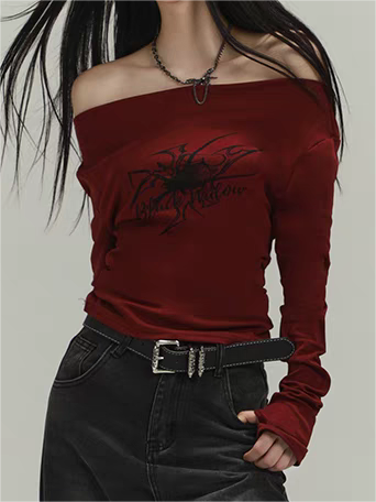 BURGUNDY OFF-THE-SHOULDER LONG-SLEEVE TOP WITH UNIQUE GRAPHIC PRINT