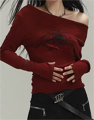 BURGUNDY OFF-THE-SHOULDER LONG-SLEEVE TOP WITH UNIQUE GRAPHIC PRINT