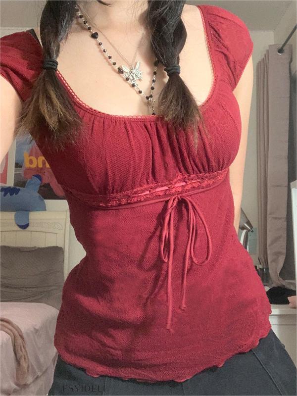 BURGUNDY OFF-THE-SHOULDER TOP WITH TIE AND LACE TRIM IN SLIM FIT
