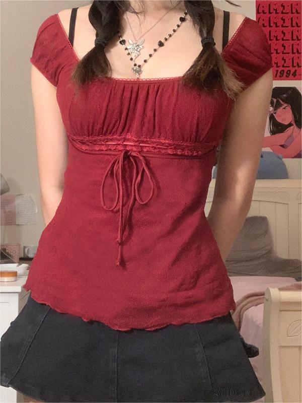 BURGUNDY OFF-THE-SHOULDER TOP WITH TIE AND LACE TRIM IN SLIM FIT