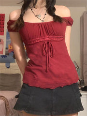 BURGUNDY OFF-THE-SHOULDER TOP WITH TIE AND LACE TRIM IN SLIM FIT