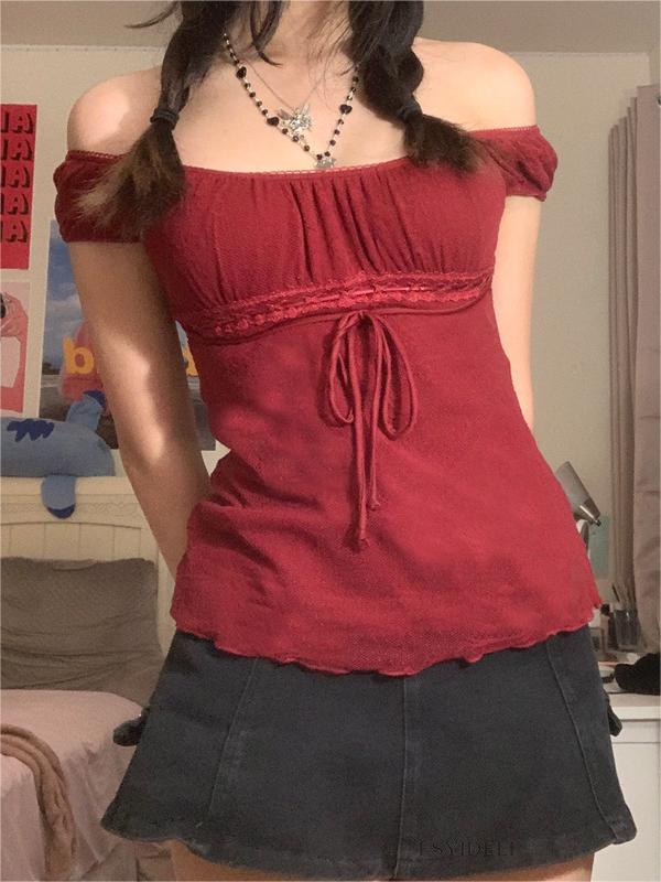 BURGUNDY OFF-THE-SHOULDER TOP WITH TIE AND LACE TRIM IN SLIM FIT