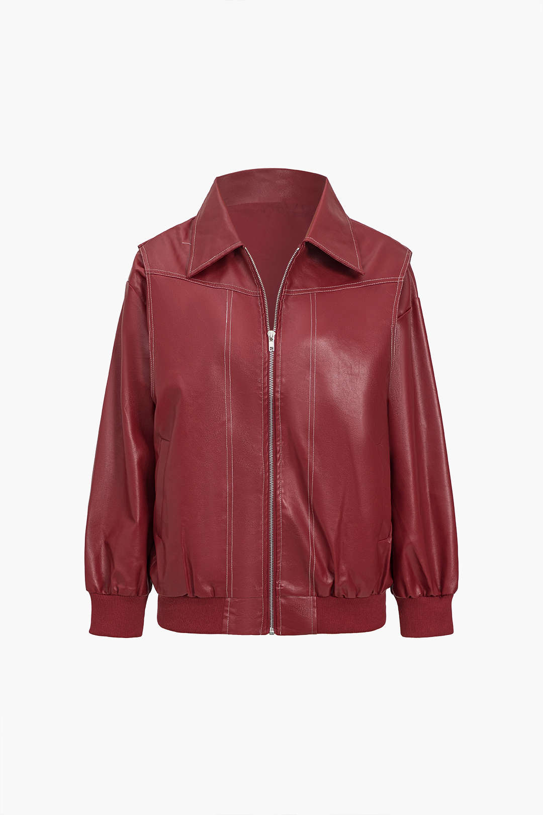 BURGUNDY OVERSIZED JACKET WITH WHITE STITCHING 90S STYLE SOLID COLOR