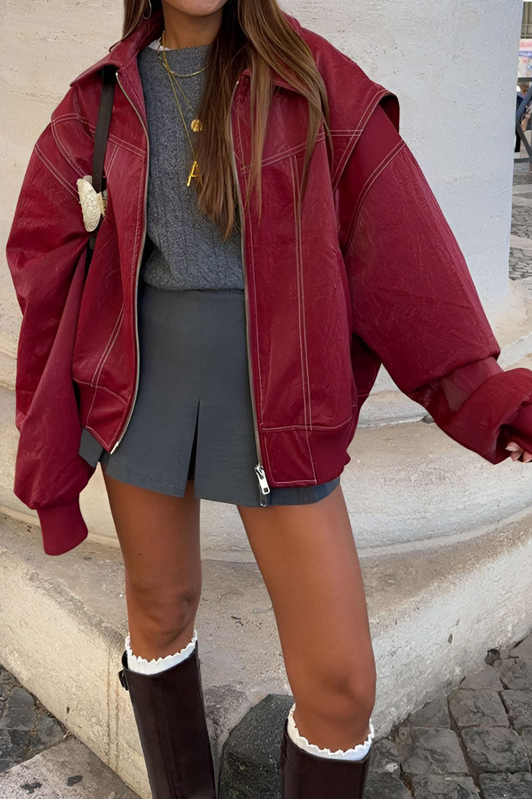 BURGUNDY OVERSIZED JACKET WITH WHITE STITCHING 90S STYLE SOLID COLOR