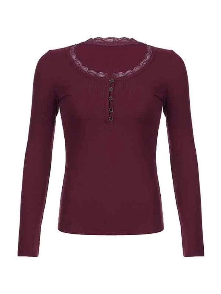 BURGUNDY RIBBED LONG-SLEEVE TOP WITH LACE TRIM Y2K RED KNIT