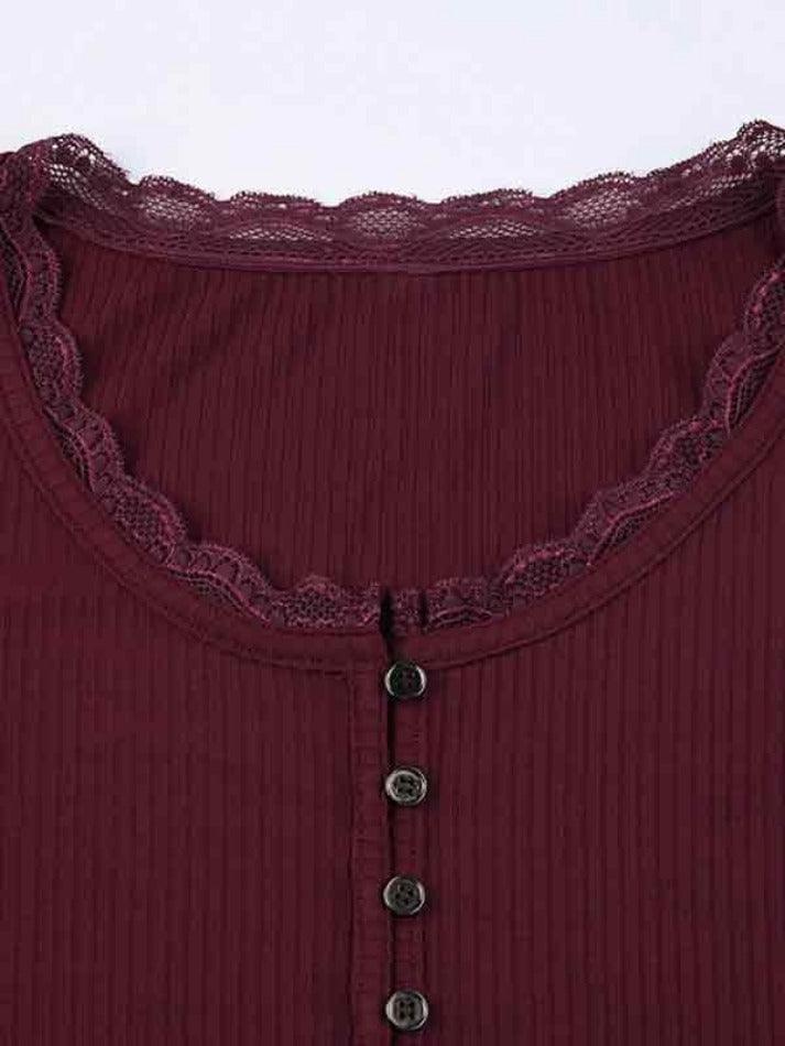 BURGUNDY RIBBED LONG-SLEEVE TOP WITH LACE TRIM Y2K RED KNIT