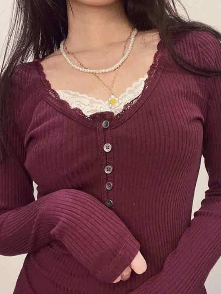 BURGUNDY RIBBED LONG-SLEEVE TOP WITH LACE TRIM Y2K RED KNIT