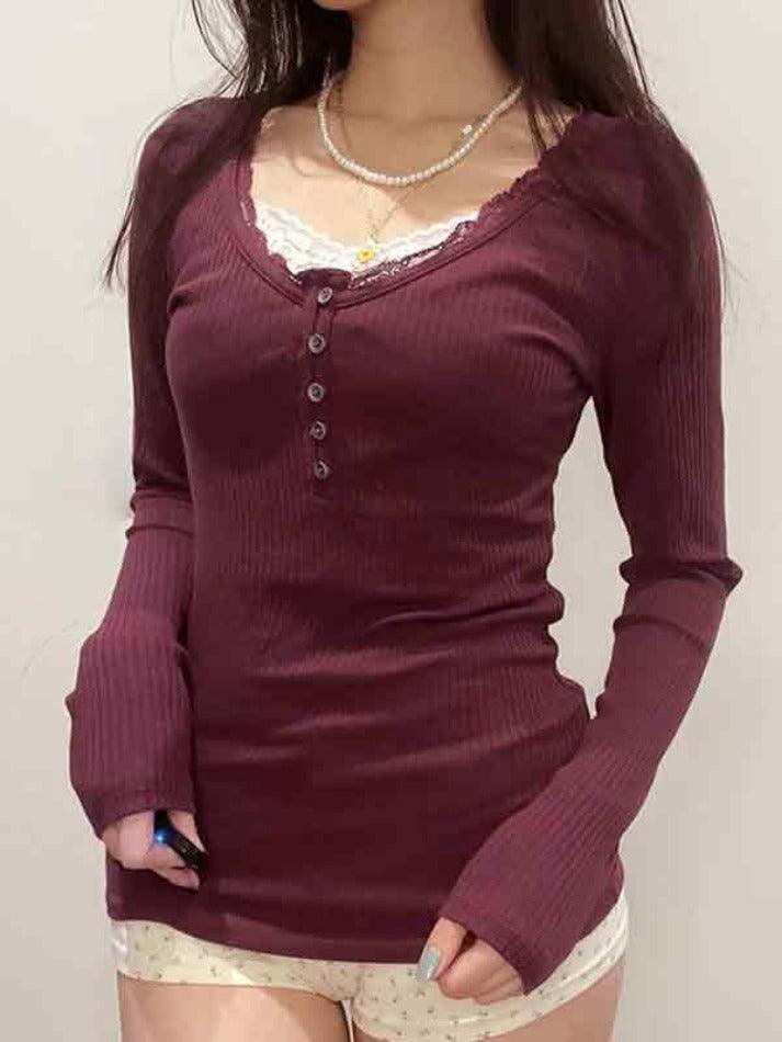 BURGUNDY RIBBED LONG-SLEEVE TOP WITH LACE TRIM Y2K RED KNIT