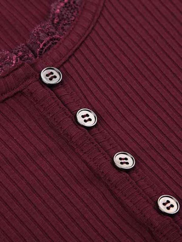 BURGUNDY RIBBED LONG-SLEEVE TOP WITH LACE TRIM Y2K RED KNIT