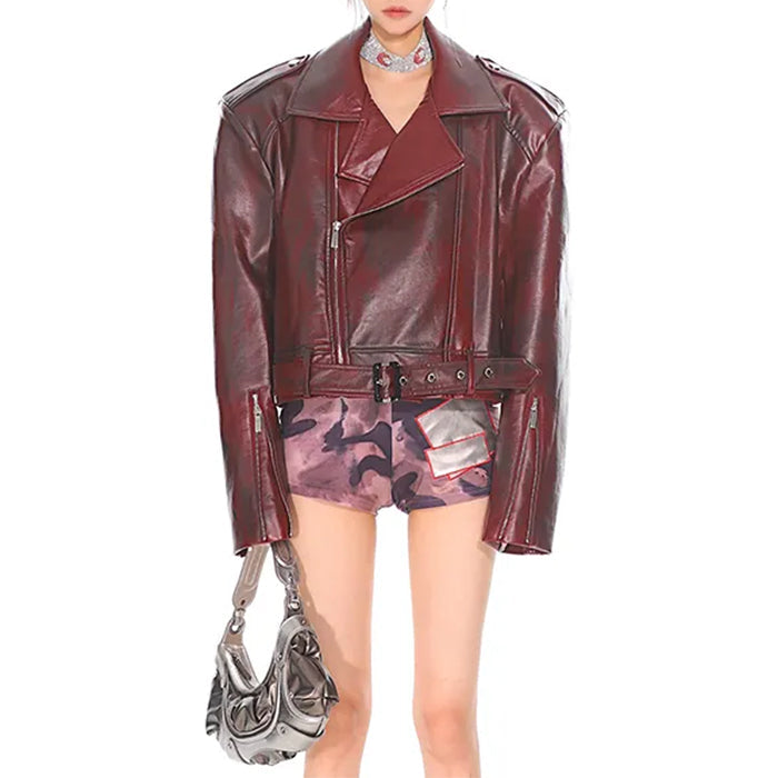BURGUNDY VEGAN LEATHER MOTO JACKET WITH WIDE LAPELS