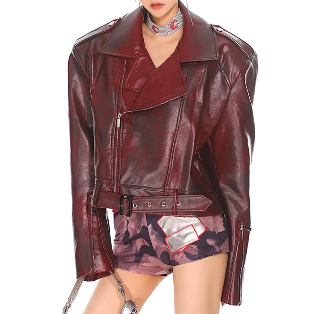 BURGUNDY VEGAN LEATHER MOTO JACKET WITH WIDE LAPELS