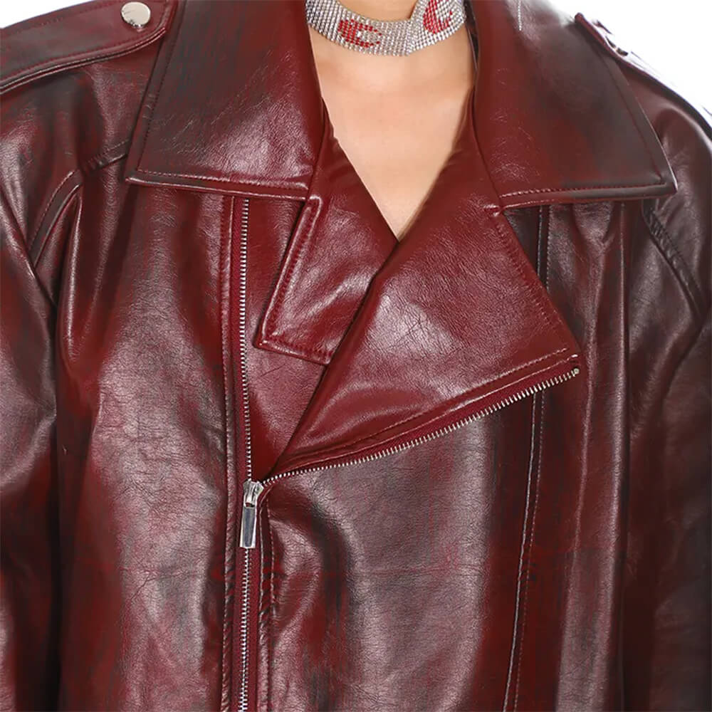 BURGUNDY VEGAN LEATHER MOTO JACKET WITH WIDE LAPELS