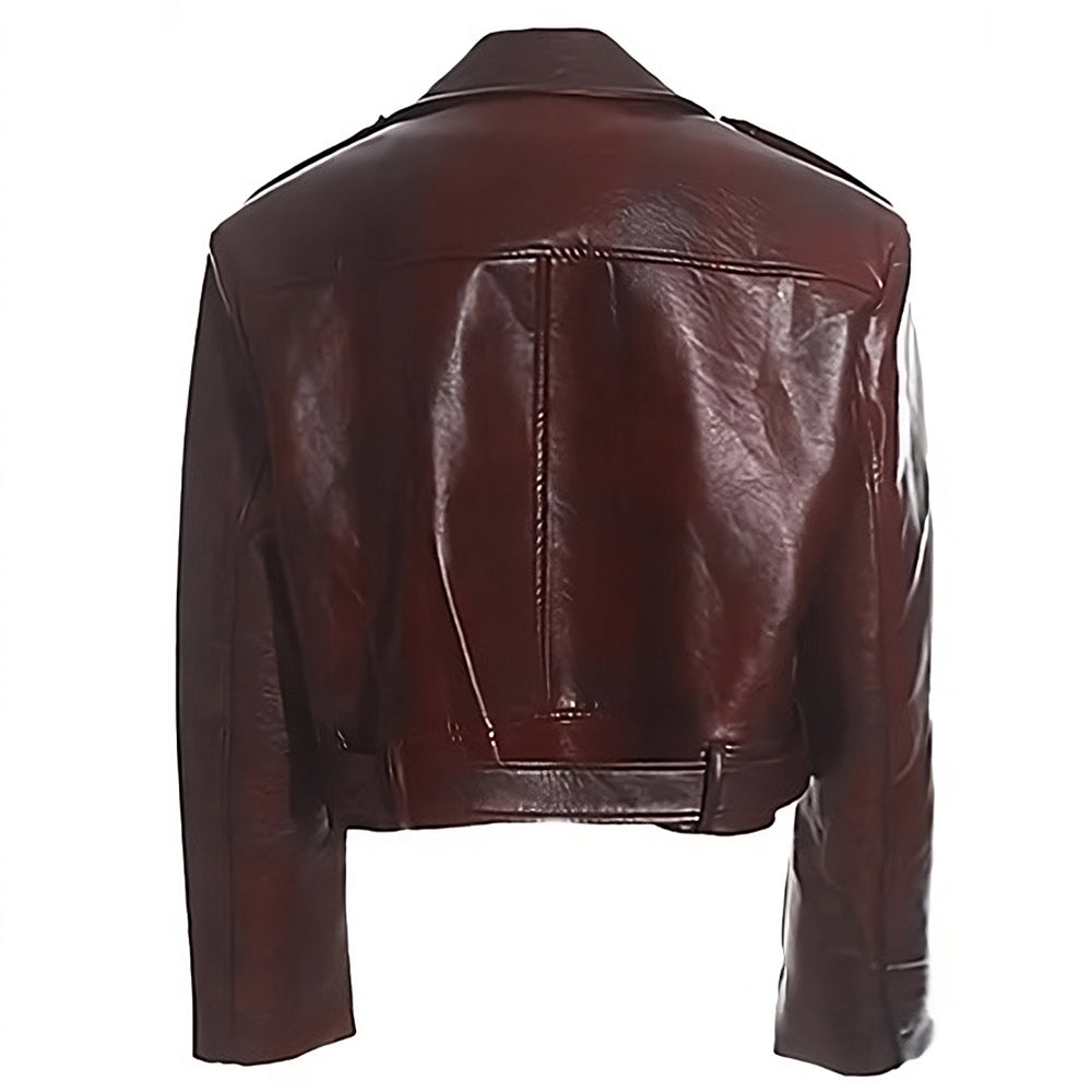 BURGUNDY VEGAN LEATHER MOTO JACKET WITH WIDE LAPELS