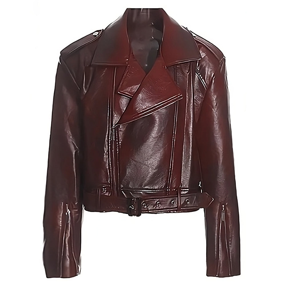 BURGUNDY VEGAN LEATHER MOTO JACKET WITH WIDE LAPELS