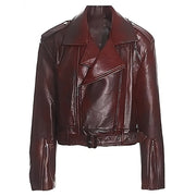 BURGUNDY VEGAN LEATHER MOTO JACKET WITH WIDE LAPELS