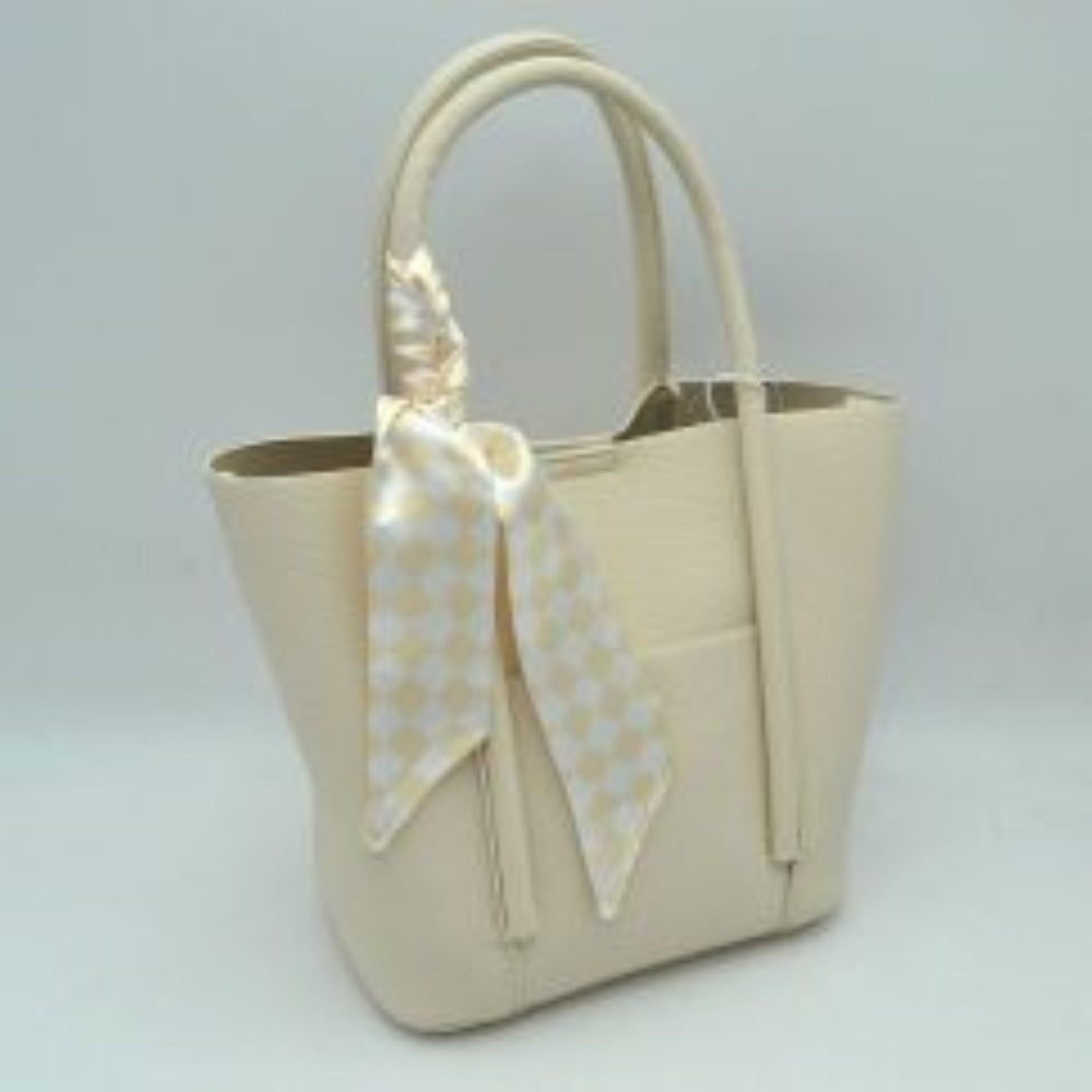 Classic Pebbled Tote Bag with Front Pocket and Checkered Scarf Accent