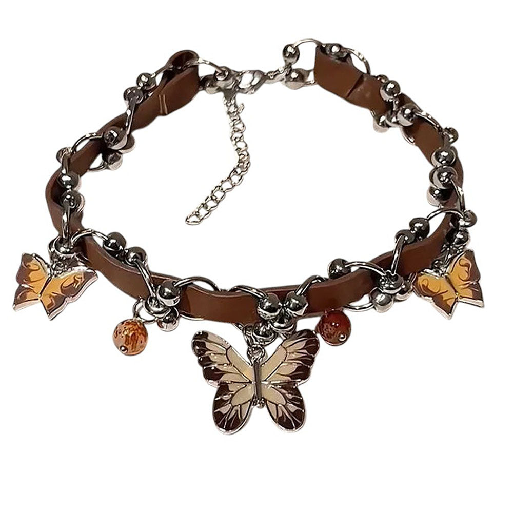 BUTTERFLY BEAD FAUX LEATHER CHOKER NECKLACE