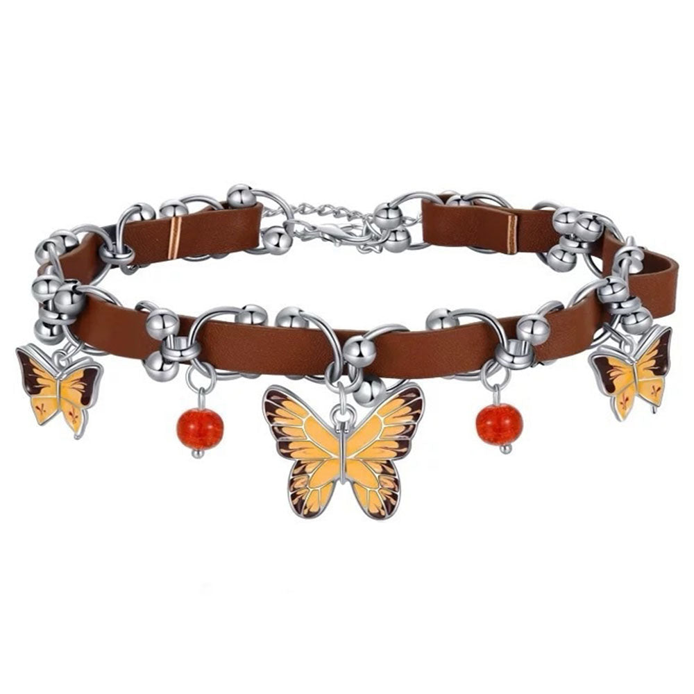 BUTTERFLY BEAD FAUX LEATHER CHOKER NECKLACE