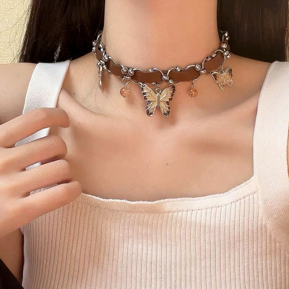 BUTTERFLY BEAD FAUX LEATHER CHOKER NECKLACE