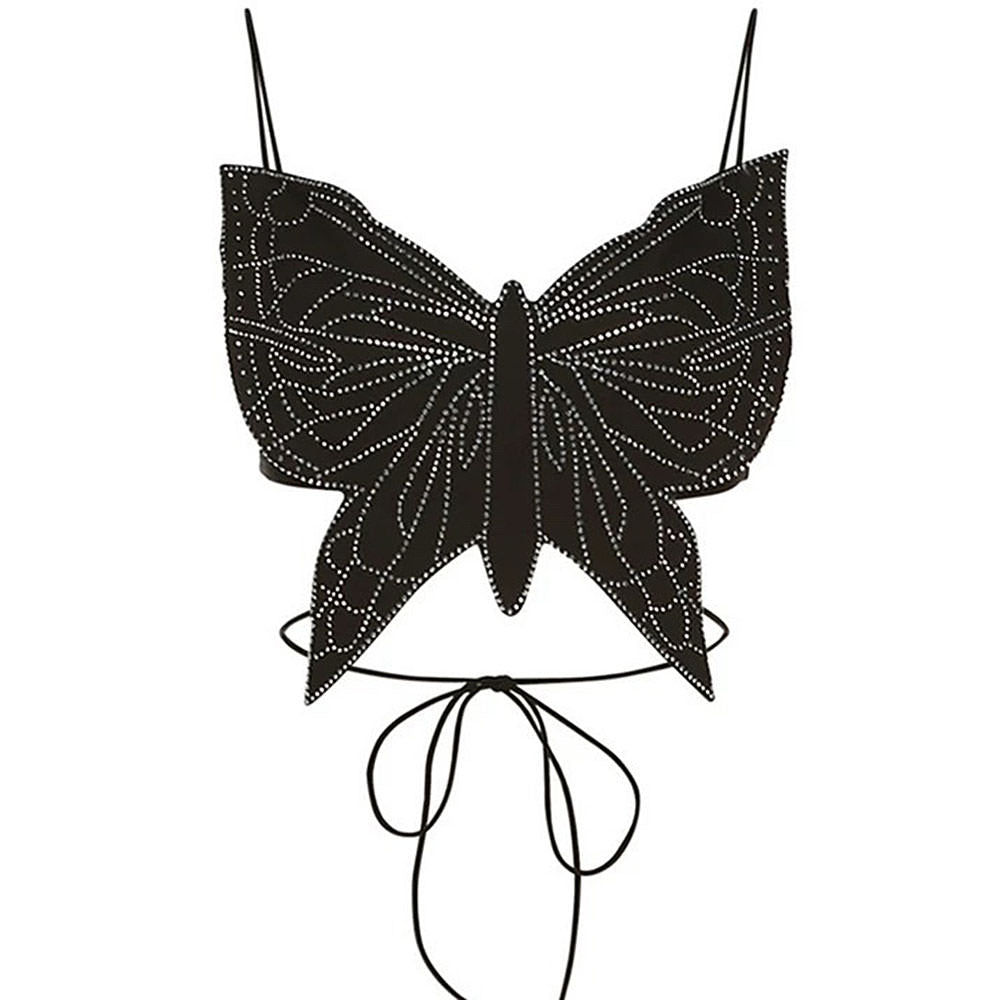 BUTTERFLY BEADED CROP TOP FLORAL BLACK