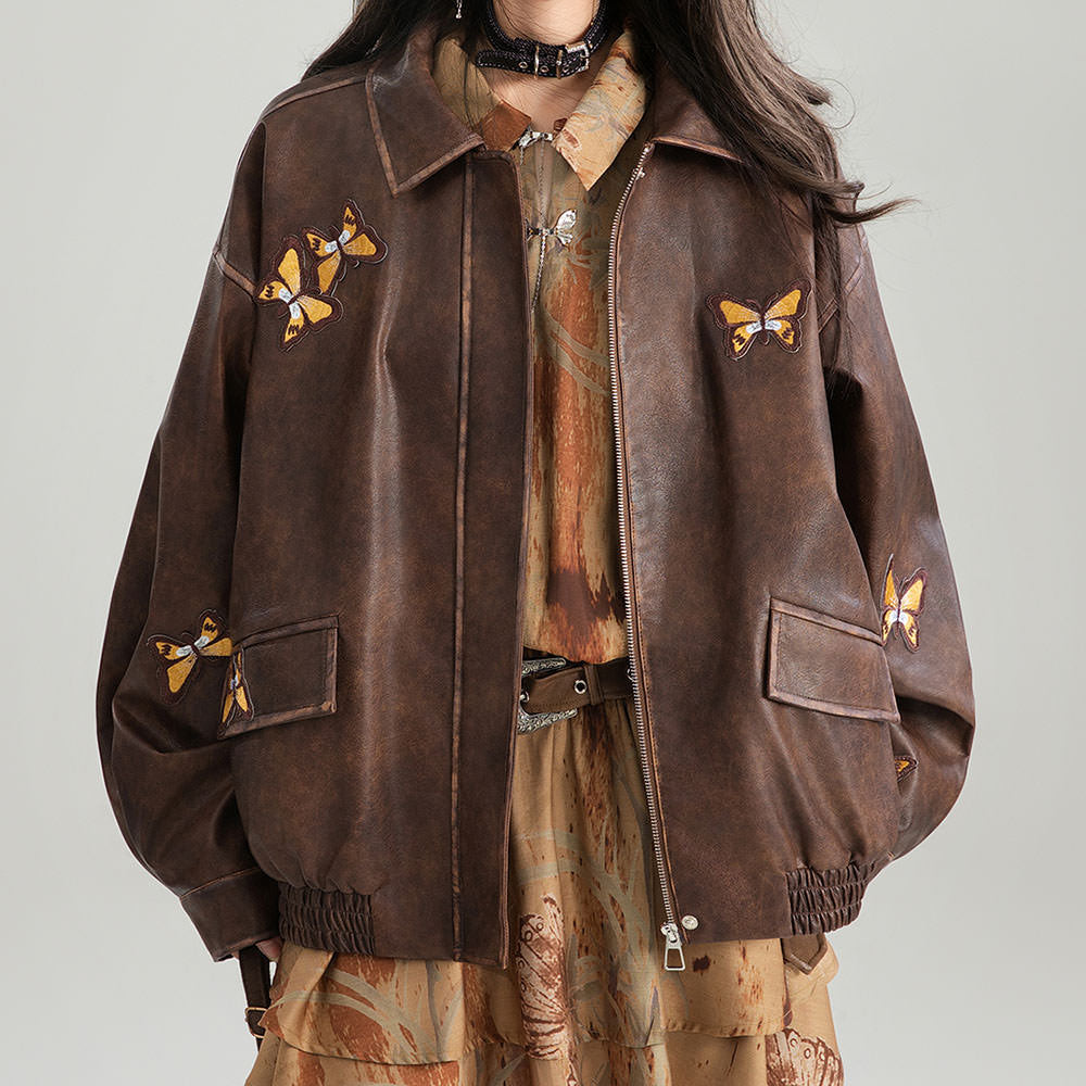 BUTTERFLY BROWN LEATHER JACKET GRUNGE AESTHETIC