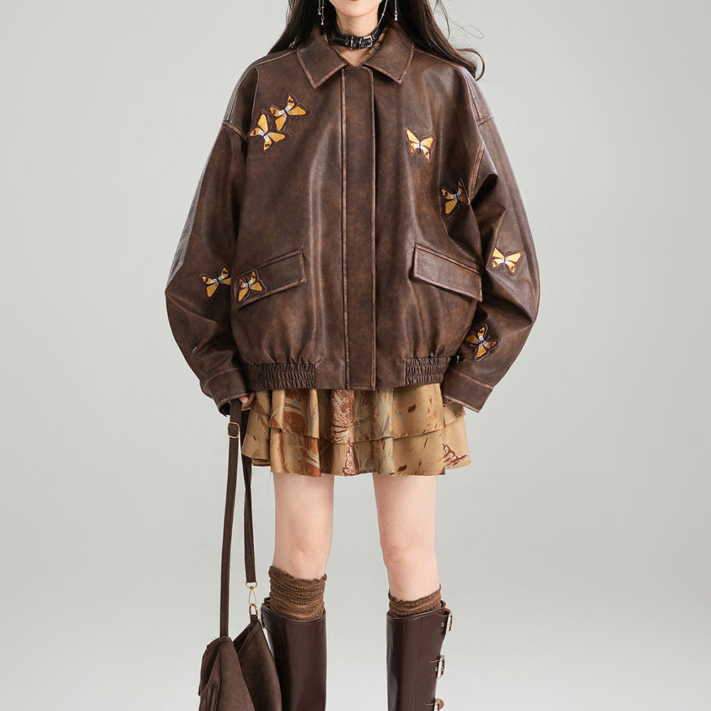 BUTTERFLY BROWN LEATHER JACKET GRUNGE AESTHETIC