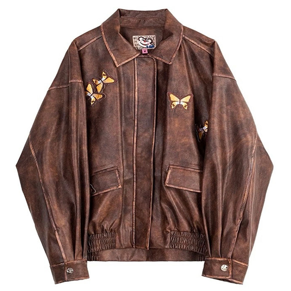 BUTTERFLY BROWN LEATHER JACKET GRUNGE AESTHETIC