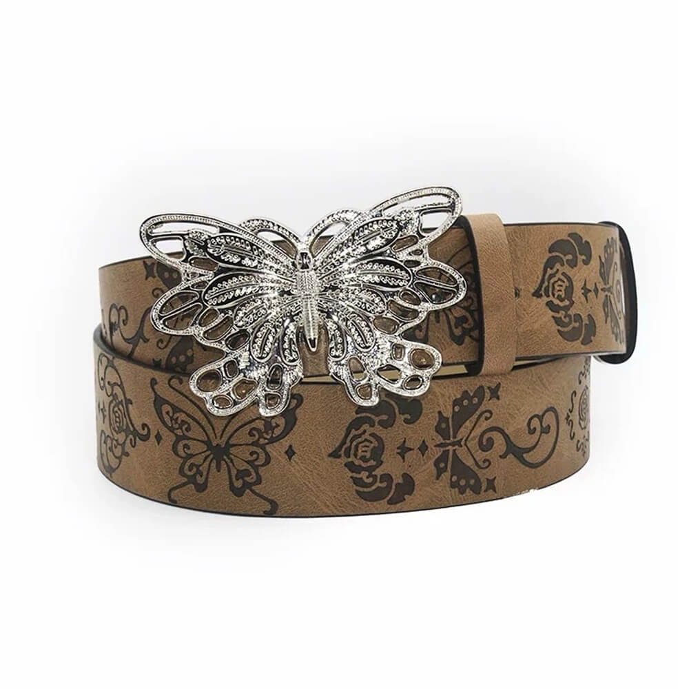 BUTTERFLY BUCKLE BROWN VEGAN LEATHER BELT
