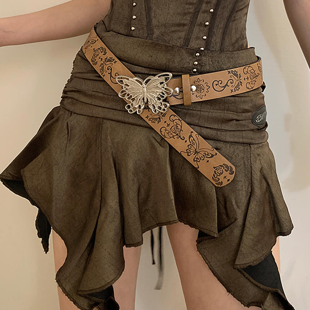 BUTTERFLY BUCKLE BROWN VEGAN LEATHER BELT