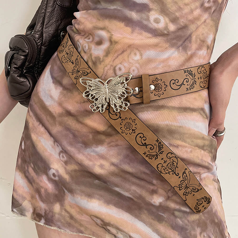 BUTTERFLY BUCKLE BROWN VEGAN LEATHER BELT