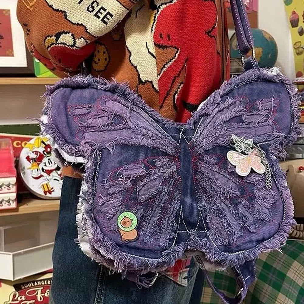 BUTTERFLY DENIM SHOULDER BAG Y2K PURSE