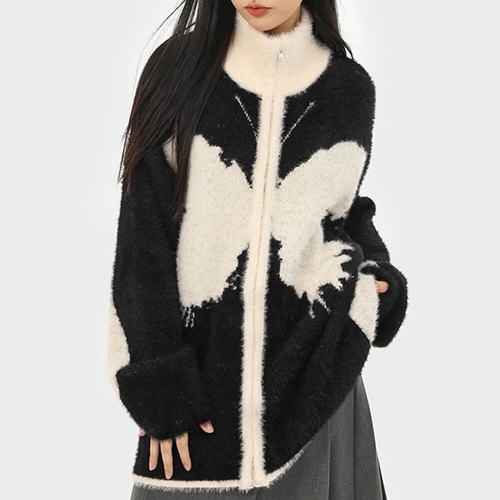 BUTTERFLY PATCHWORK FLEECE JACKET BROWN AND BLACK