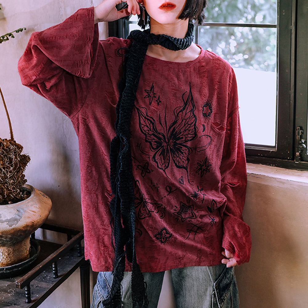 BUTTERFLY PRINT LONG SLEEVE TEE FAIRYCORE AESTHETIC