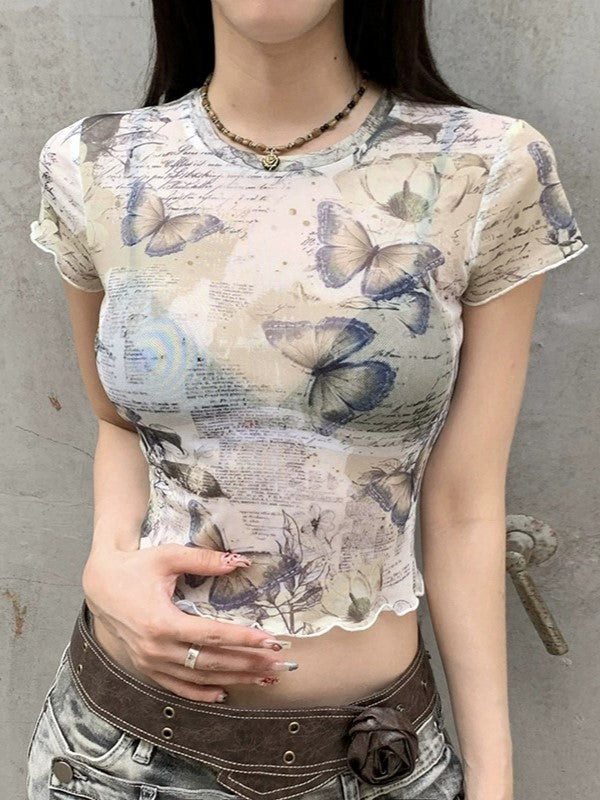 BUTTERFLY PRINTED MESH CROP TOP WITH SHEER DESIGN