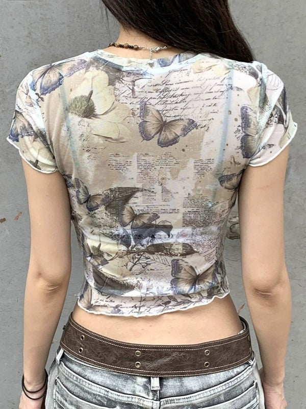BUTTERFLY PRINTED MESH CROP TOP WITH SHEER DESIGN