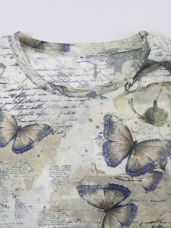 BUTTERFLY PRINTED MESH CROP TOP WITH SHEER DESIGN