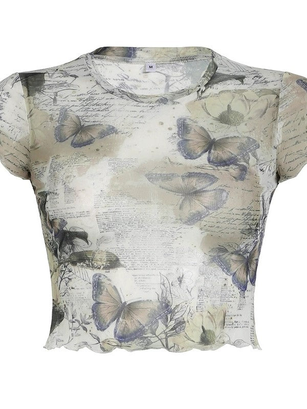 BUTTERFLY PRINTED MESH CROP TOP WITH SHEER DESIGN