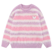 BUTTERFLY STRIPED OVERSIZED FUZZY SWEATER