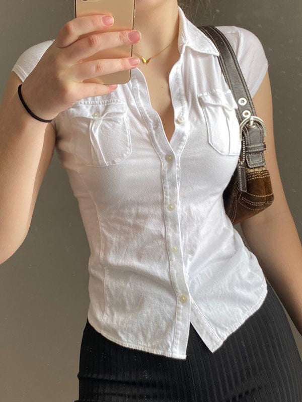 BUTTON-DOWN SHIRT WITH PATCH POCKETS AND BUTTON PLACKET Y2K-INSPIRED