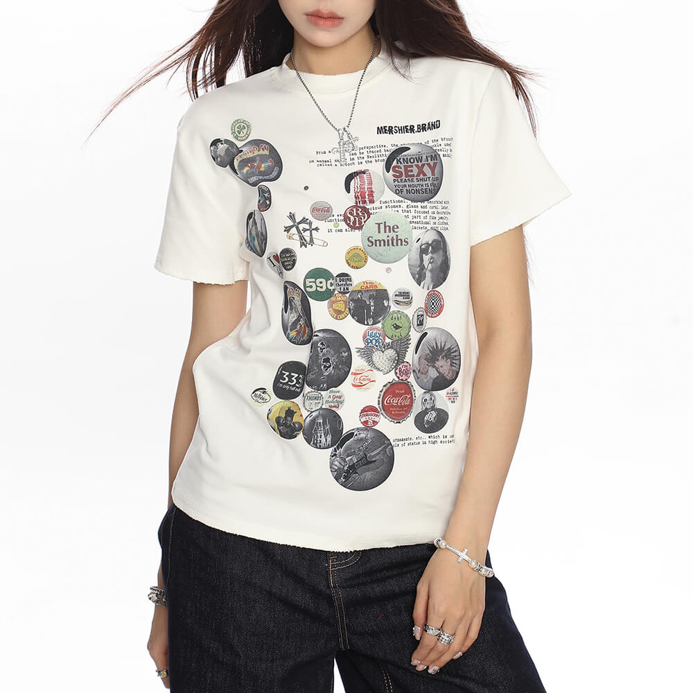 BUTTON GRAPHICS T-SHIRT RETRO NOSTALGIA COLLAGE