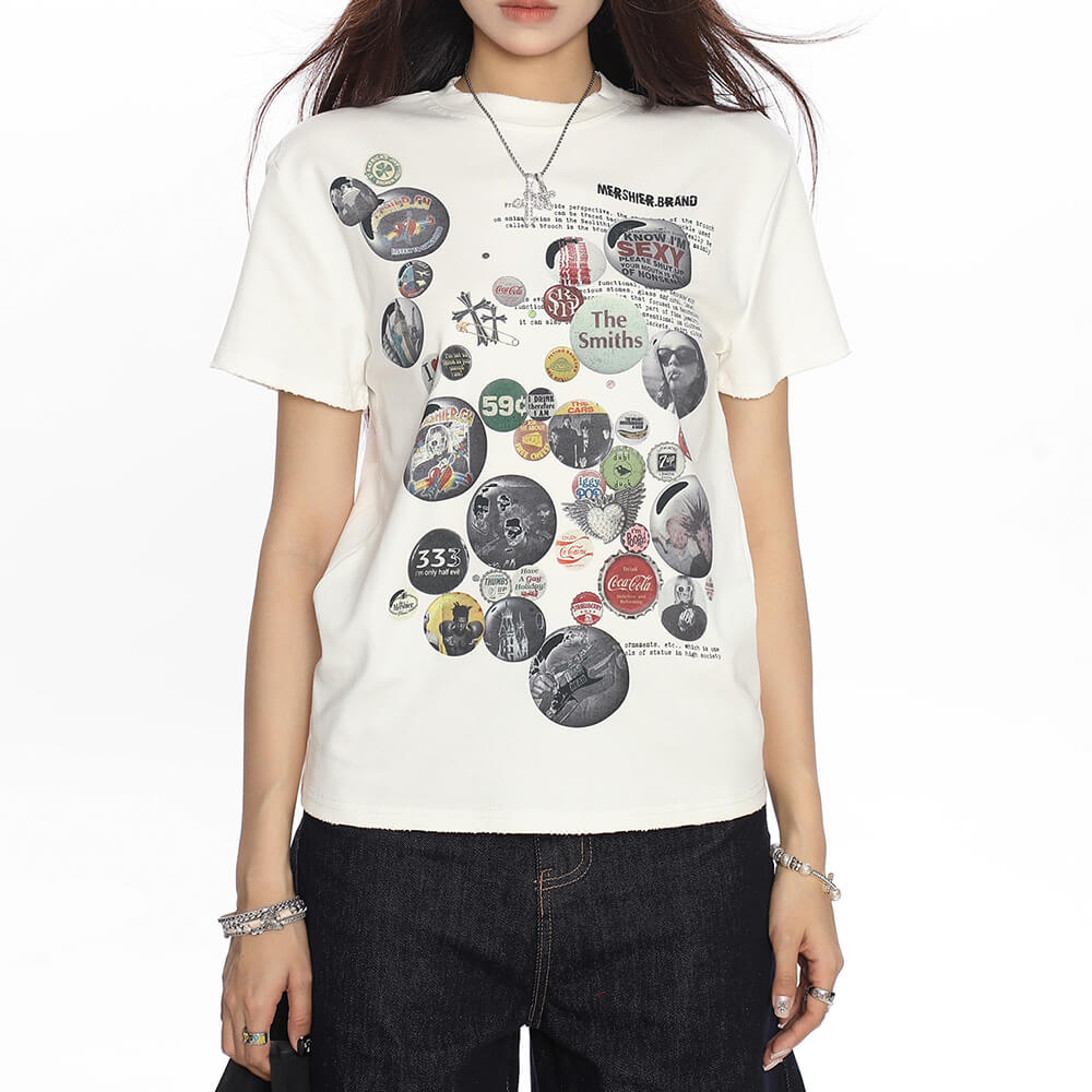 BUTTON GRAPHICS T-SHIRT RETRO NOSTALGIA COLLAGE