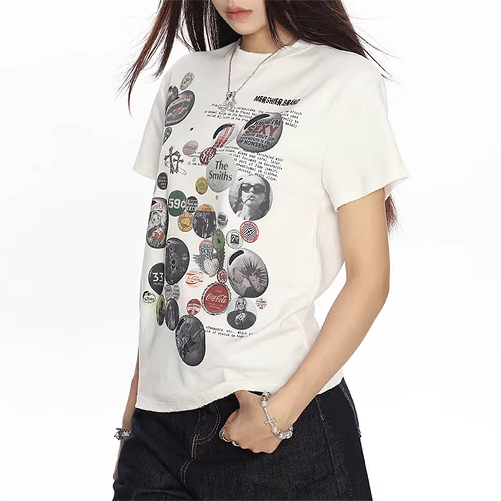 BUTTON GRAPHICS T-SHIRT RETRO NOSTALGIA COLLAGE