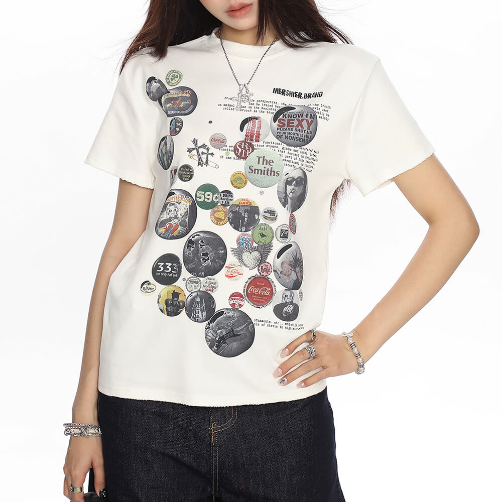 BUTTON GRAPHICS T-SHIRT RETRO NOSTALGIA COLLAGE