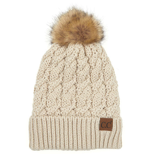 C.C Women's Cable Ribbed Beanie Natural Plush Faux Fur Pom Hat
